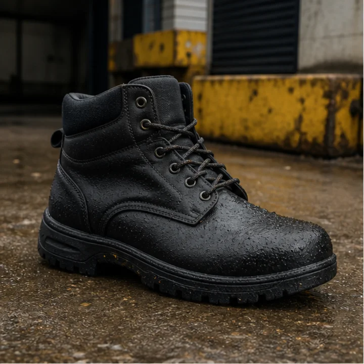 Rugged waterproof work boot on a wet loading dock