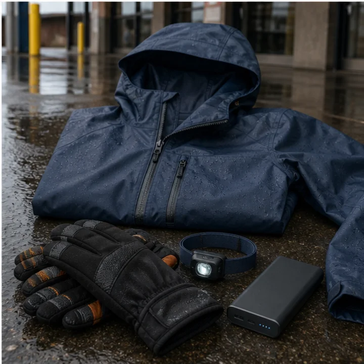 Rain shell, work gloves, headlamp, and battery bank